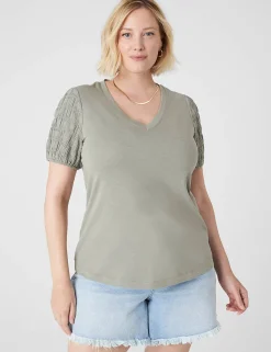 Knit Tops^Lane Bryant Blouson Woven-Sleeve V-Neck Tee Dried Sage