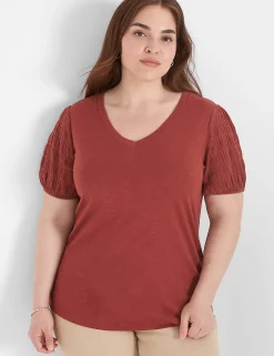The Tee Shop^Lane Bryant Blouson Woven-Sleeve V-Neck Tee Brandy
