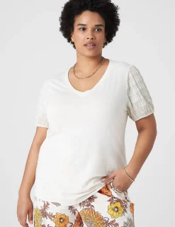 The Tee Shop^Lane Bryant Blouson Woven-Sleeve V-Neck Tee Birch