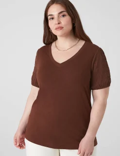 The Tee Shop^Lane Bryant Blouson Woven-Sleeve V-Neck Tee Potting Soil