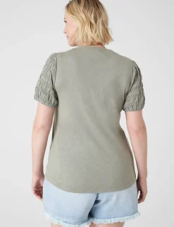 Knit Tops^Lane Bryant Blouson Woven-Sleeve V-Neck Tee Dried Sage