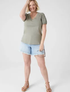Knit Tops^Lane Bryant Blouson Woven-Sleeve V-Neck Tee Dried Sage