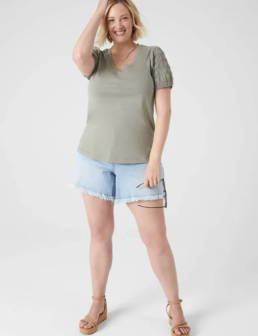 Knit Tops^Lane Bryant Blouson Woven-Sleeve V-Neck Tee Dried Sage