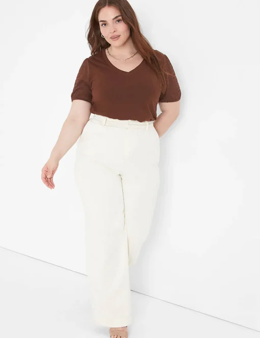The Tee Shop^Lane Bryant Blouson Woven-Sleeve V-Neck Tee Potting Soil