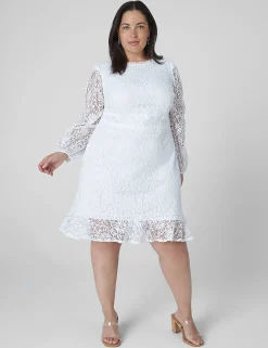Occasion^Lane Bryant Blouson-Sleeve Boatneck Lace Dress White
