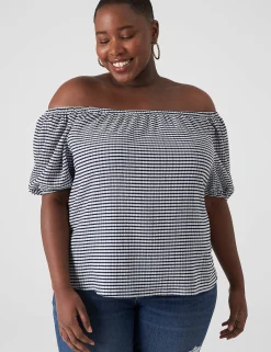 Knit Tops^Lane Bryant Blouson-Sleeve Convertible Top Blue & White