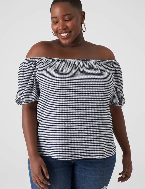 Knit Tops^Lane Bryant Blouson-Sleeve Convertible Top Blue & White