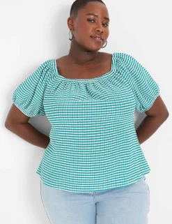 Knit Tops^Lane Bryant Blouson-Sleeve Convertible Top Green & White