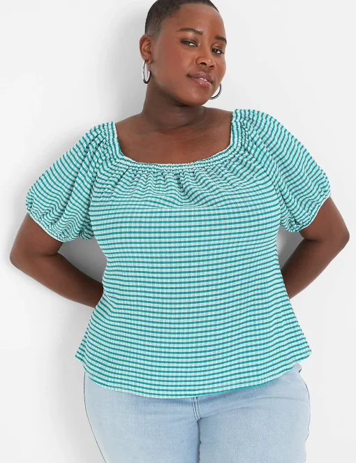 Knit Tops^Lane Bryant Blouson-Sleeve Convertible Top Green & White