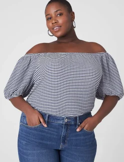 Knit Tops^Lane Bryant Blouson-Sleeve Convertible Top Blue & White