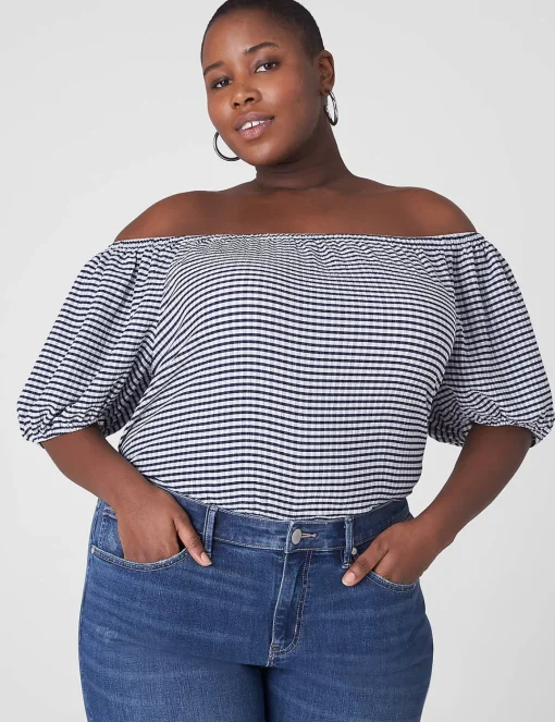 Knit Tops^Lane Bryant Blouson-Sleeve Convertible Top Blue & White