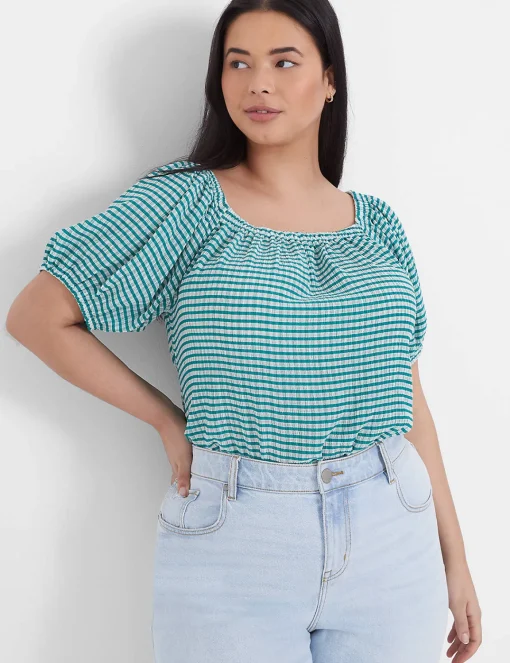 Knit Tops^Lane Bryant Blouson-Sleeve Convertible Top Green & White
