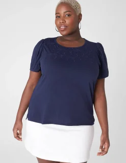 Knit Tops^Lane Bryant Blouson-Sleeve Embroidered Top Maritime Blue
