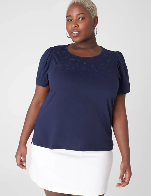 Knit Tops^Lane Bryant Blouson-Sleeve Embroidered Top Maritime Blue