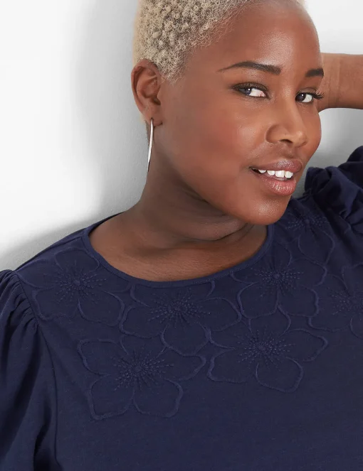Knit Tops^Lane Bryant Blouson-Sleeve Embroidered Top Maritime Blue
