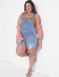 Crops, Capris And Shorts^Lane Bryant Boyfriend Short Denim Overalls Light Denim