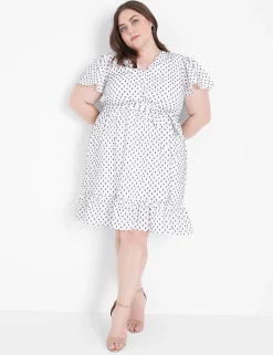 Work Versatile^Lane Bryant Cap Flutter-Sleeve Button-Down Dress Maritime Blue