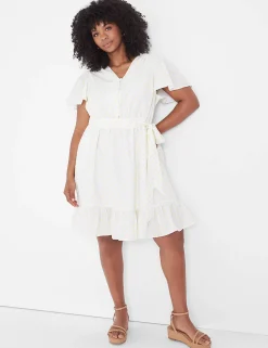 Work Versatile^Lane Bryant Cap Flutter-Sleeve Button-Down Dress White