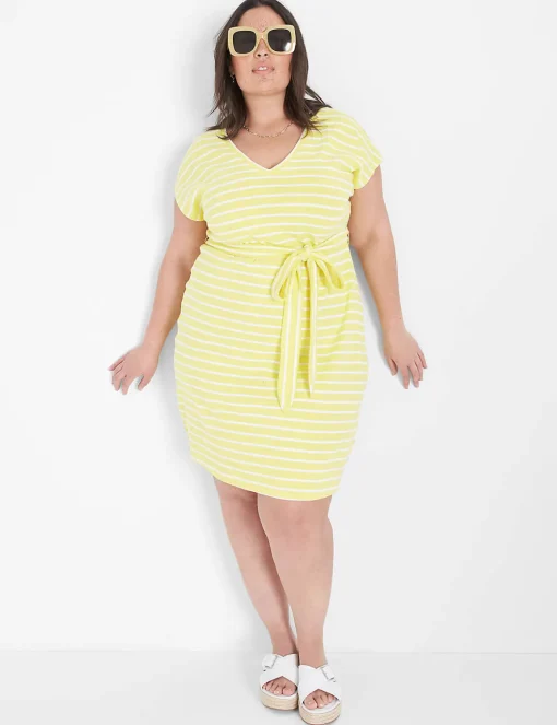 Maxi & Midi^Lane Bryant Cap-Sleeve Belted Midi Dress Yellow & White Stripe