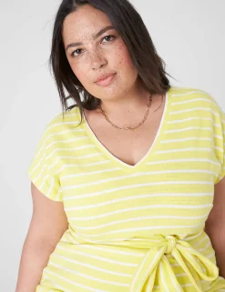 Maxi & Midi^Lane Bryant Cap-Sleeve Belted Midi Dress Yellow & White Stripe