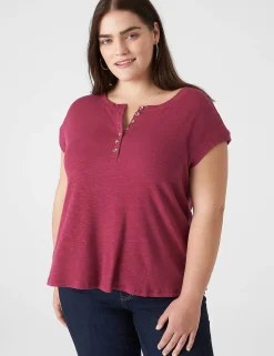 Knit Tops^Lane Bryant Cap-Sleeve Crew-Neck Henley Tee Burgundy