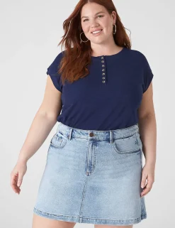 The Tee Shop^Lane Bryant Cap-Sleeve Crew-Neck Henley Tee Maritime Blue