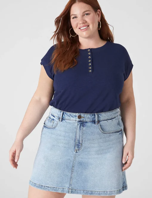 The Tee Shop^Lane Bryant Cap-Sleeve Crew-Neck Henley Tee Maritime Blue