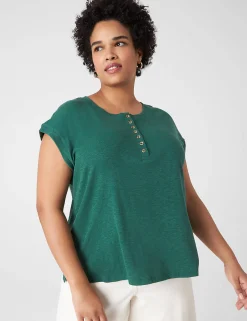 The Tee Shop^Lane Bryant Cap-Sleeve Crew-Neck Henley Tee Hunter Green