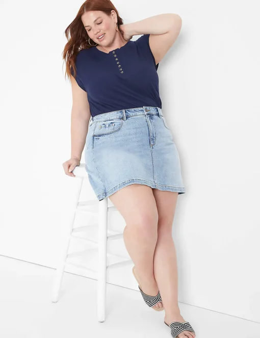 The Tee Shop^Lane Bryant Cap-Sleeve Crew-Neck Henley Tee Maritime Blue