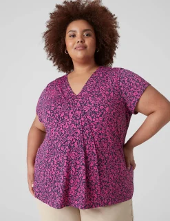 The Tee Shop^Lane Bryant Cap-Sleeve Pleat-Front Top Fuschia Ditsy Floral