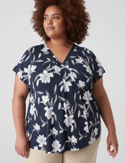 The Tee Shop^Lane Bryant Cap-Sleeve Pleat-Front Top Small Navy Floral