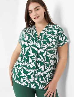 Shirts & Blouses^Lane Bryant Cap-Sleeve Pleat-Front Top Green Maluku Leaves