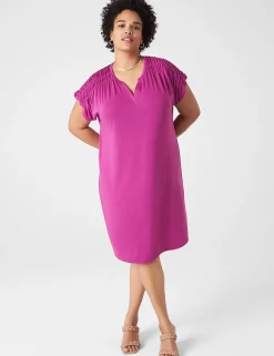 Casual^Lane Bryant Cap-Sleeve Shirred-Shoulder Swing Dress Purple Wine