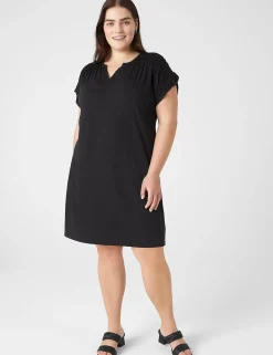 Casual^Lane Bryant Cap-Sleeve Shirred-Shoulder Swing Dress Black