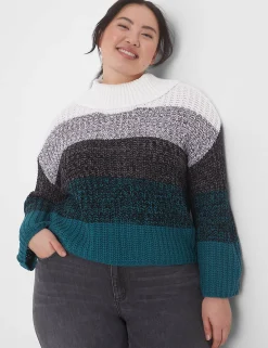 Sweaters^Lane Bryant Classic Bracelet-Sleeve Turtleneck Stripe Sweater Multi Stripe