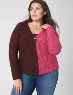 Sweaters^Lane Bryant Classic Button-Front Colorblock Cardigan Maroon Banner
