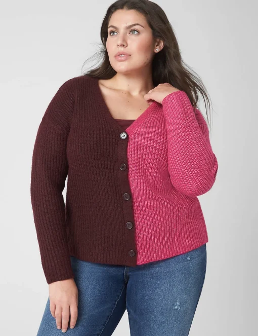 Sweaters^Lane Bryant Classic Button-Front Colorblock Cardigan Maroon Banner