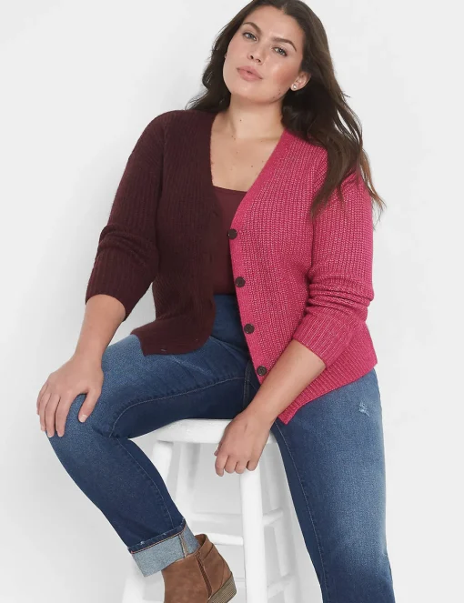 Sweaters^Lane Bryant Classic Button-Front Colorblock Cardigan Maroon Banner