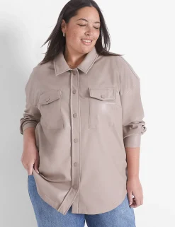 Jackets^Lane Bryant Classic Button-Front Faux-Leather Shacket Fungi