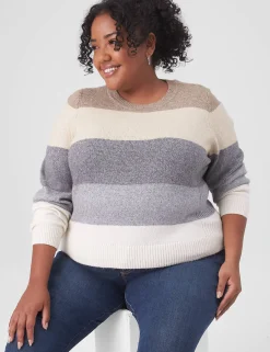 Sweaters^Lane Bryant Classic Crew-Neck Striped Pullover Sweater Oatmeal
