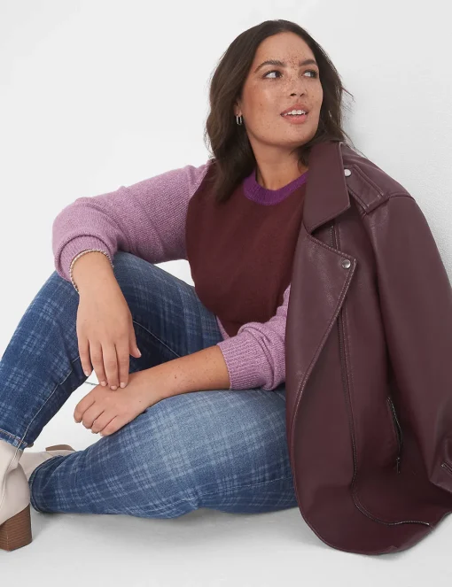 Sweaters^Lane Bryant Classic Crop Crew-Neck Colorblock Pullover Red Combo