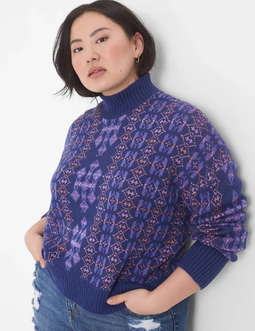 Sweaters^Lane Bryant Classic Long-Sleeve Mock-Neck Jacquard Pullover Geo Print