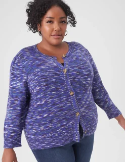 Sweaters^Lane Bryant Classic Puff-Sleeve Button-Front Spacedye Cardigan Blue Spacedye