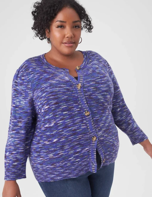 Sweaters^Lane Bryant Classic Puff-Sleeve Button-Front Spacedye Cardigan Blue Spacedye