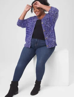 Sweaters^Lane Bryant Classic Puff-Sleeve Button-Front Spacedye Cardigan Blue Spacedye
