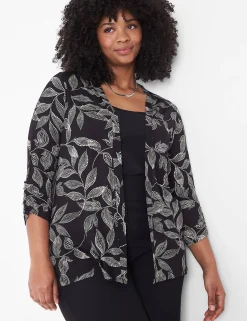 Cardigans^Lane Bryant Classic Ruched-Sleeve Open-Front Overpiece Black Leaves
