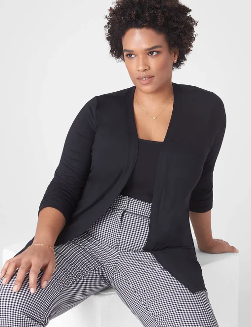 Cardigans^Lane Bryant Classic Ruched-Sleeve Open-Front Overpiece Black