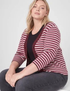 Cardigans^Lane Bryant Classic 3/4-Sleeve V-Neck Button-Front Cardigan - Stripe Red