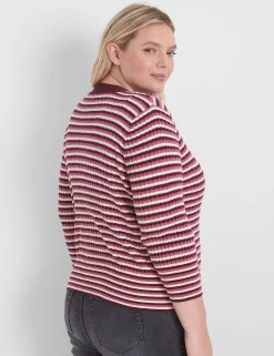 Cardigans^Lane Bryant Classic 3/4-Sleeve V-Neck Button-Front Cardigan - Stripe Red