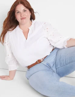 Shirts & Blouses^Lane Bryant Classic Split-Neck Eyelet Mix Top White